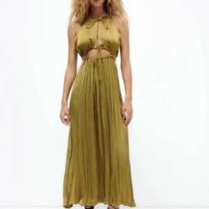 BRAND NEW Zara Satin Effect Cut Out Detail Green Maxi Dress